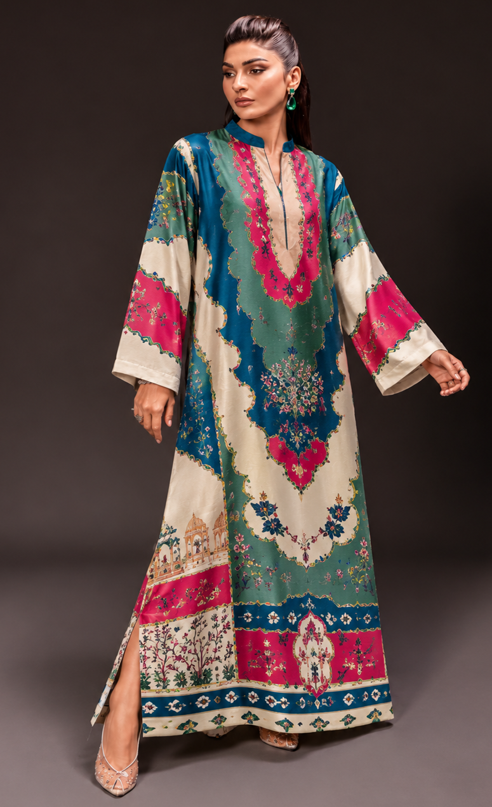 Emerald Elegance Multicolor Silk Kaftan