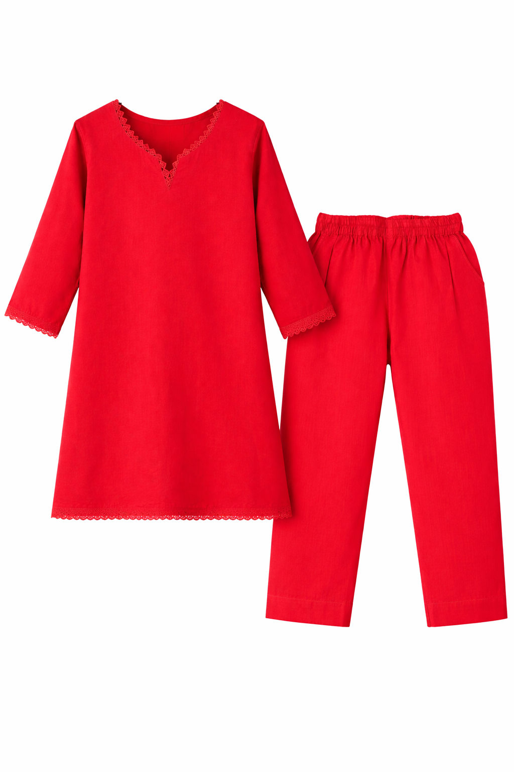 Girls Red Solid Kurta Trouser Cotton Set