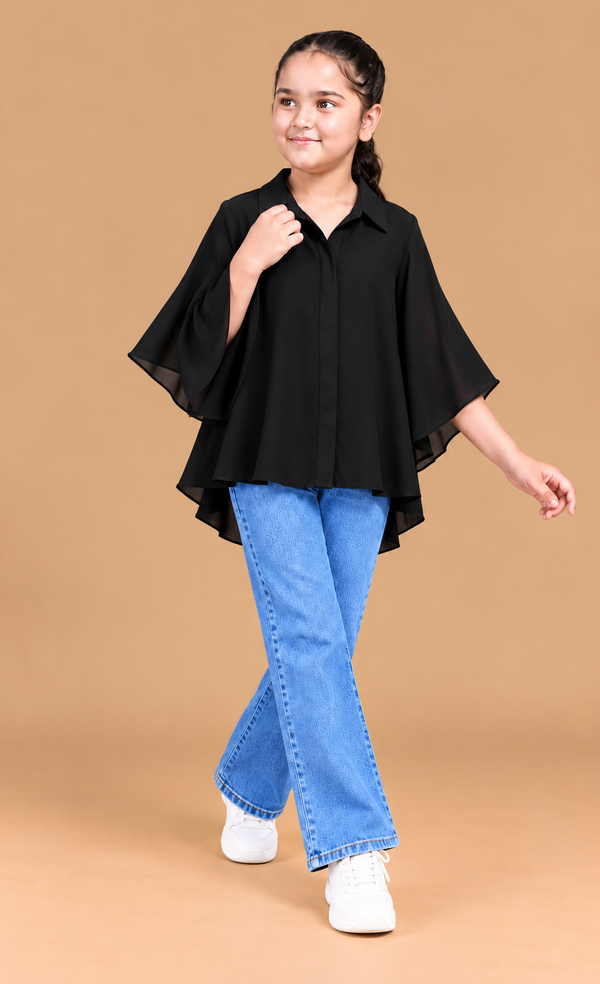 Chic Black Layered Ruffle-Sleeve TOP
