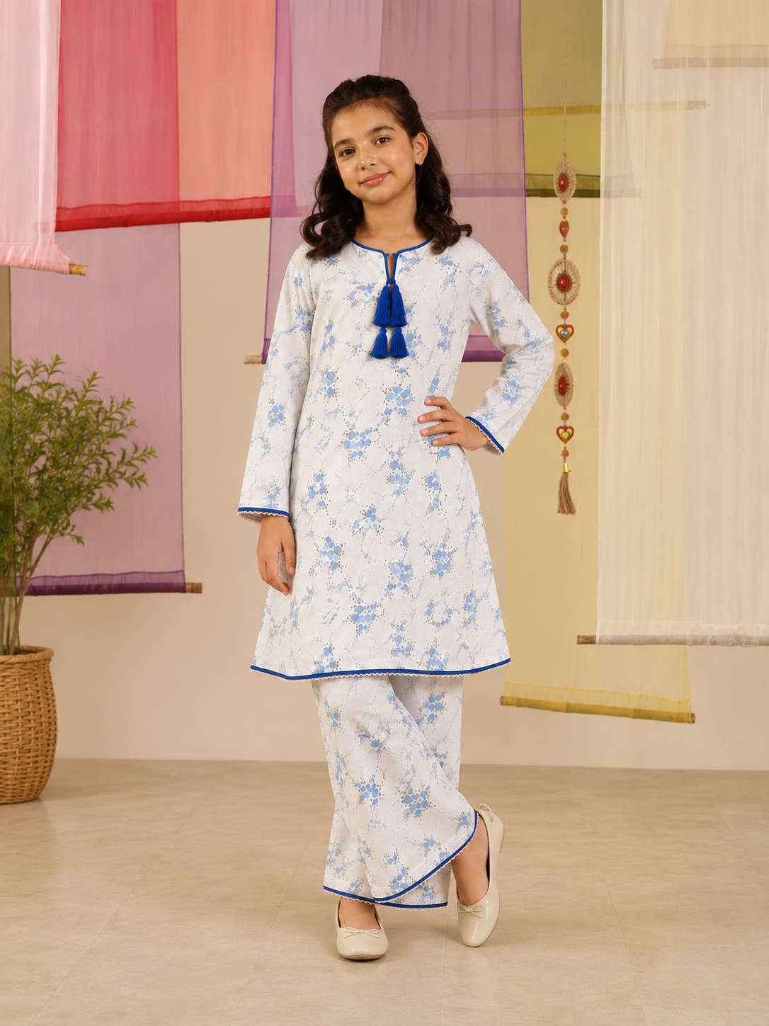 Blue Floral Tassel Suit