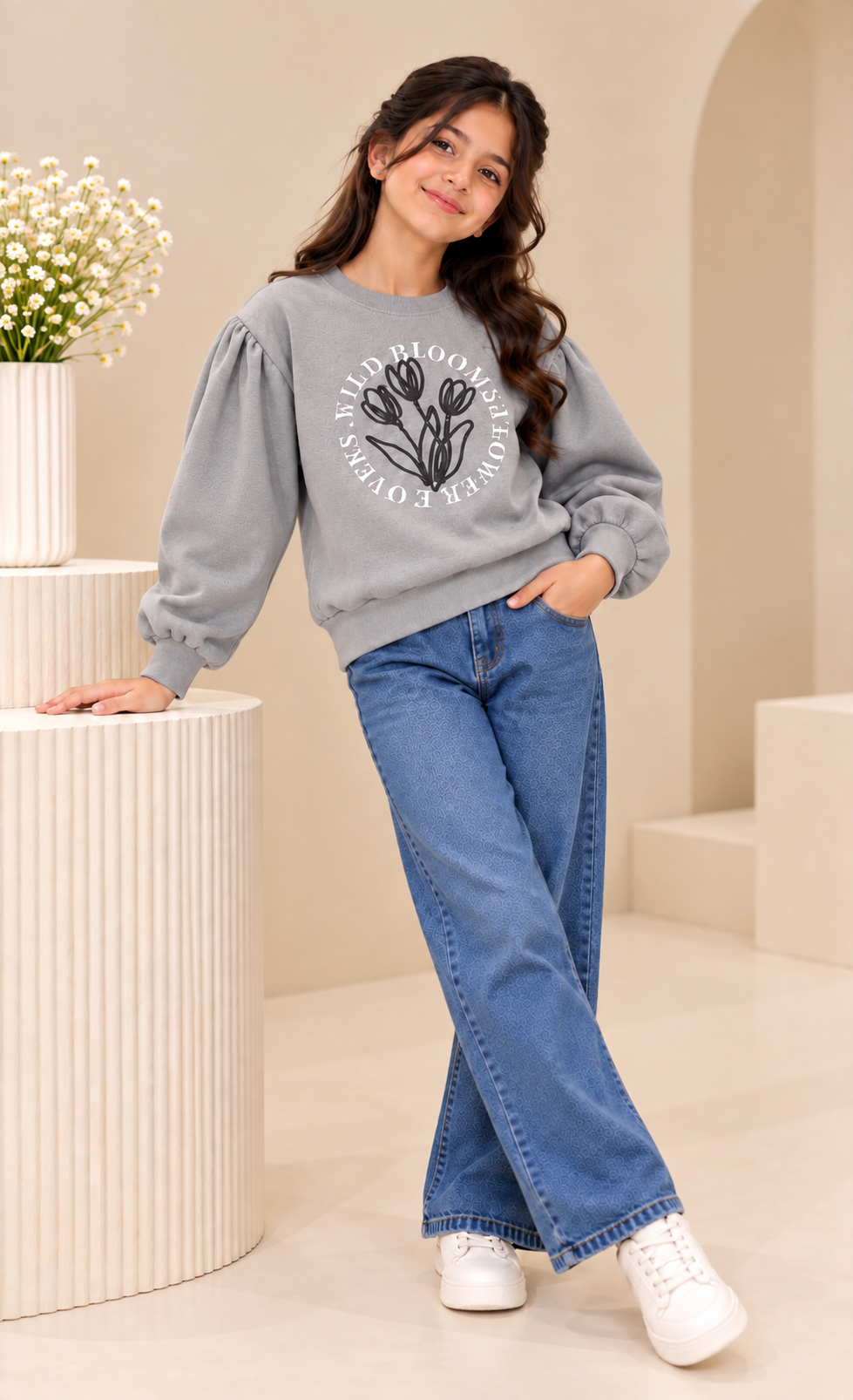 Grey Puff-Sleeve Sweatshirt
