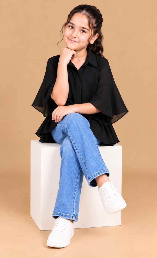Chic Black Layered Ruffle-Sleeve TOP