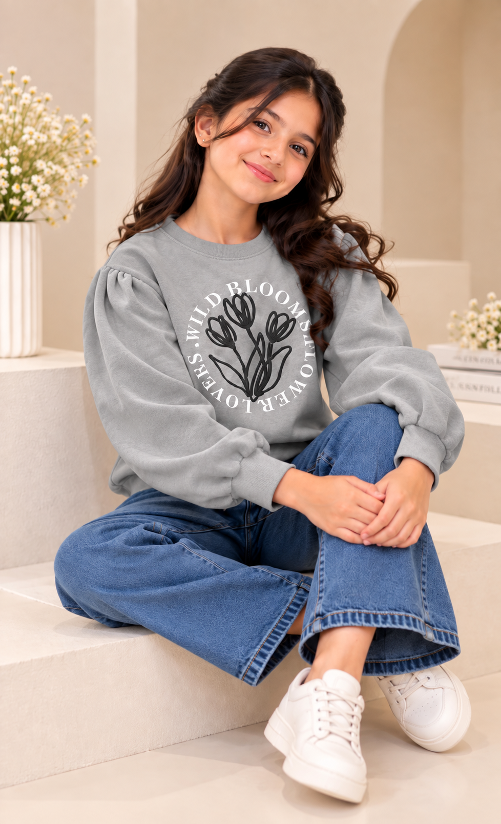 Grey Puff-Sleeve Sweatshirt
