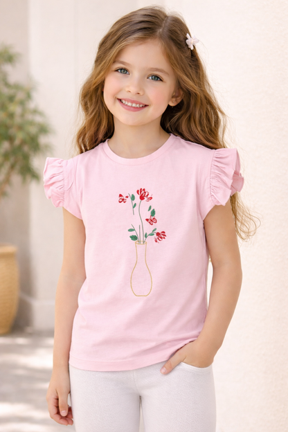 Girls Pink Floral Print Top with Ruffle Sleeves – Casual Summer Shirt