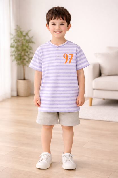 Lavender Stripe Kids Henley T-Shirt with 97 Print