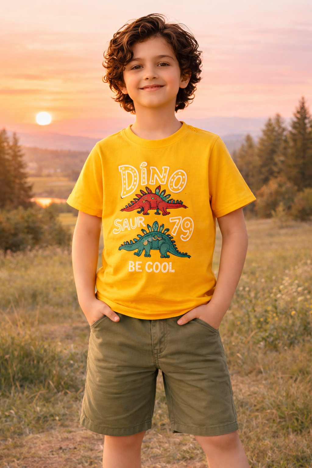 Boys Yellow Dinosaur Graphic Cotton Summer T-Shirt