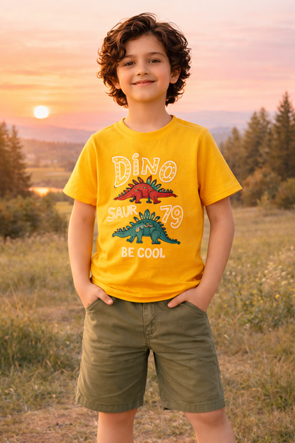 Boys Yellow Dinosaur Graphic Cotton Summer T-Shirt