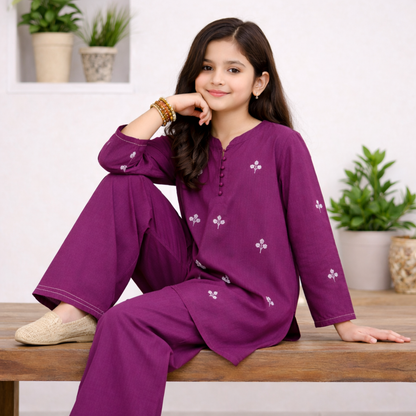 Plum Floral Embroidered 2-Piece Girls Outfit Set