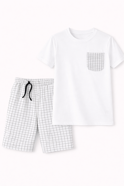 Boys White Cotton Grid Pocket Tee & Check Shorts set
