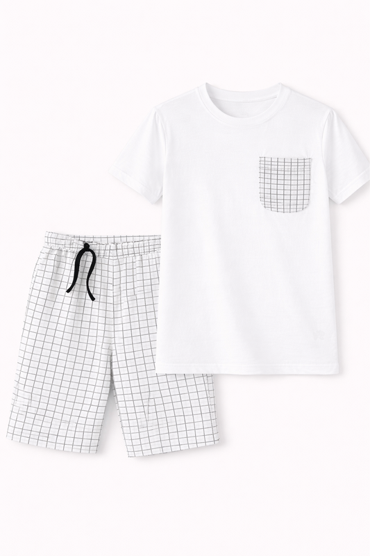 Boys White Cotton Grid Pocket Tee & Check Shorts set