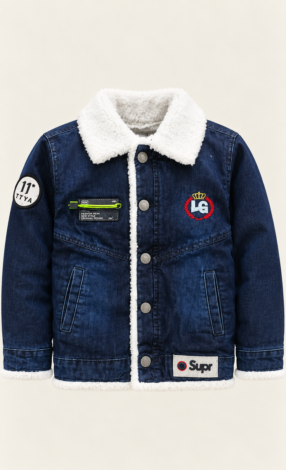 Kids Navy Blue Sherpa Denim Jacket
