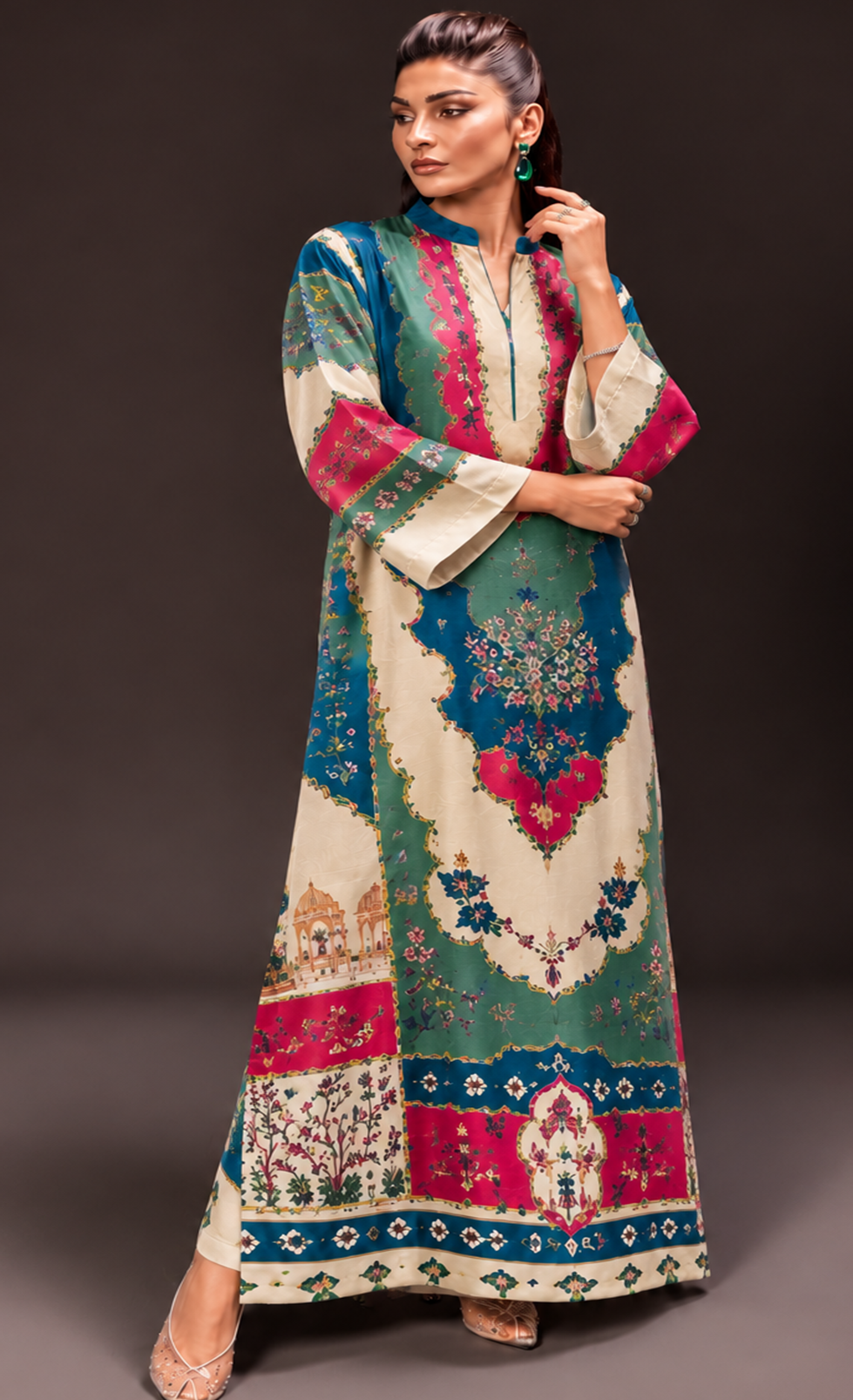 Emerald Elegance Multicolor Silk Kaftan