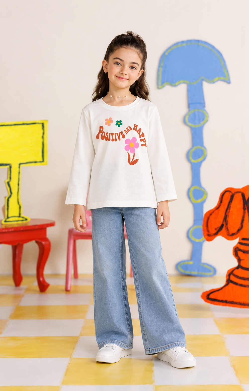 "Positive and Happy" White Floral T-Shirt