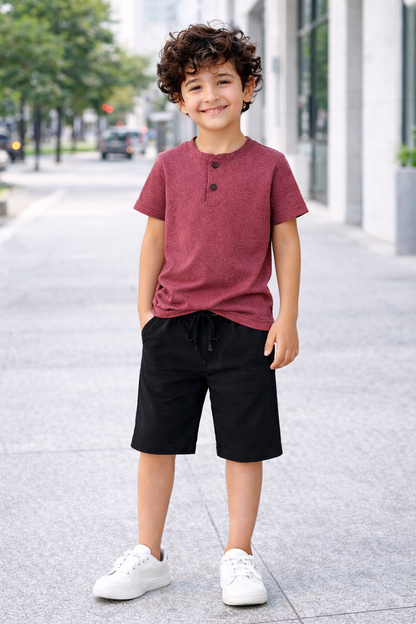 Maroon Henley Neck Cotton T-Shirt for Boys