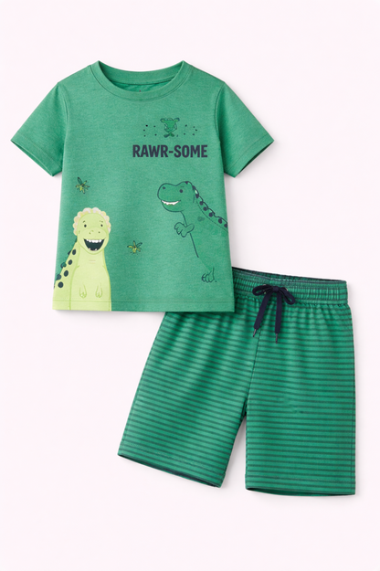 Kids Green RAWR-SOME Dinosaur Shirt Shorts Set